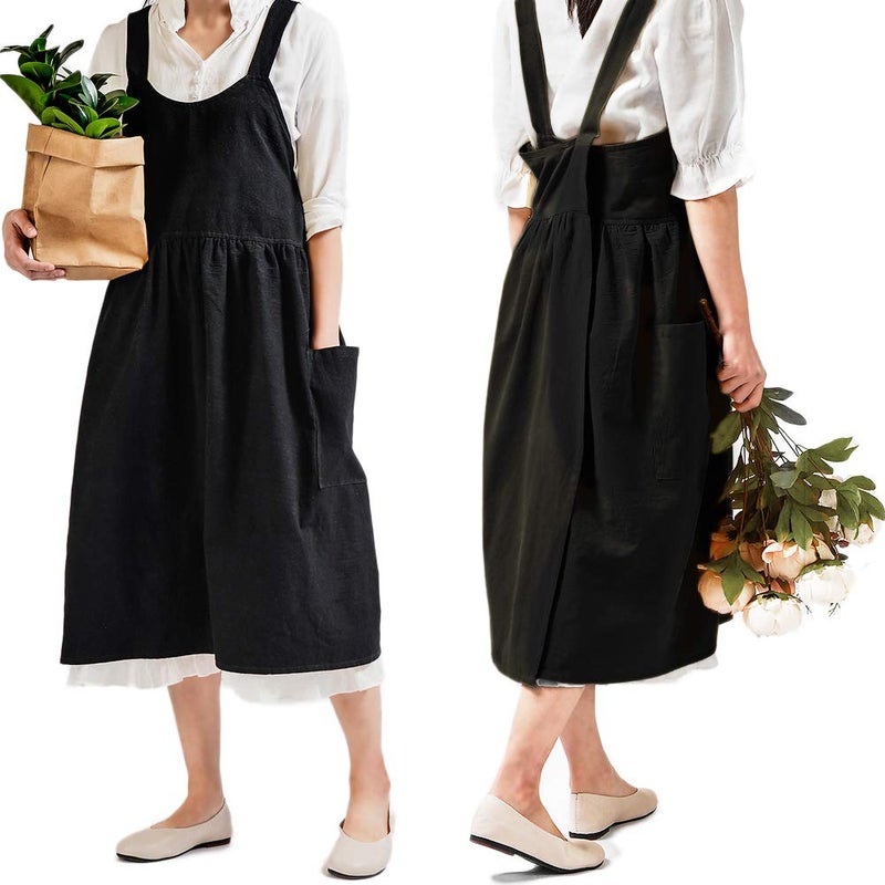 NEWGEM Cotton Linen Cross Back Apron for Women with Pockets for Cooking Baking Black without Waist Ties - Image 1